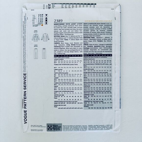 ANNE KLEIN VOGUE 2389 LADIES SUIT PATTERN 12-16 UNCUT - Picture 2 of 2